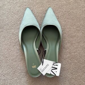 Zara green satin flat heels